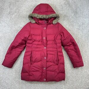 Eddie Bauer Puffer Parka Women Petite XS Red 700 Down Faux Fur Hood Hooded Jacke